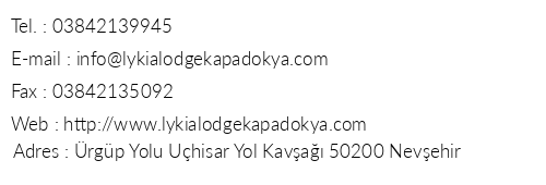 Kapadokya Lodge Hotel telefon numaralar, faks, e-mail, posta adresi ve iletiim bilgileri